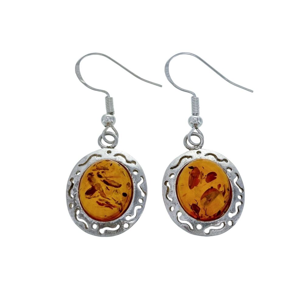 Vintage Sterling Silver 925 Amber Cabochon Dangle Earrings